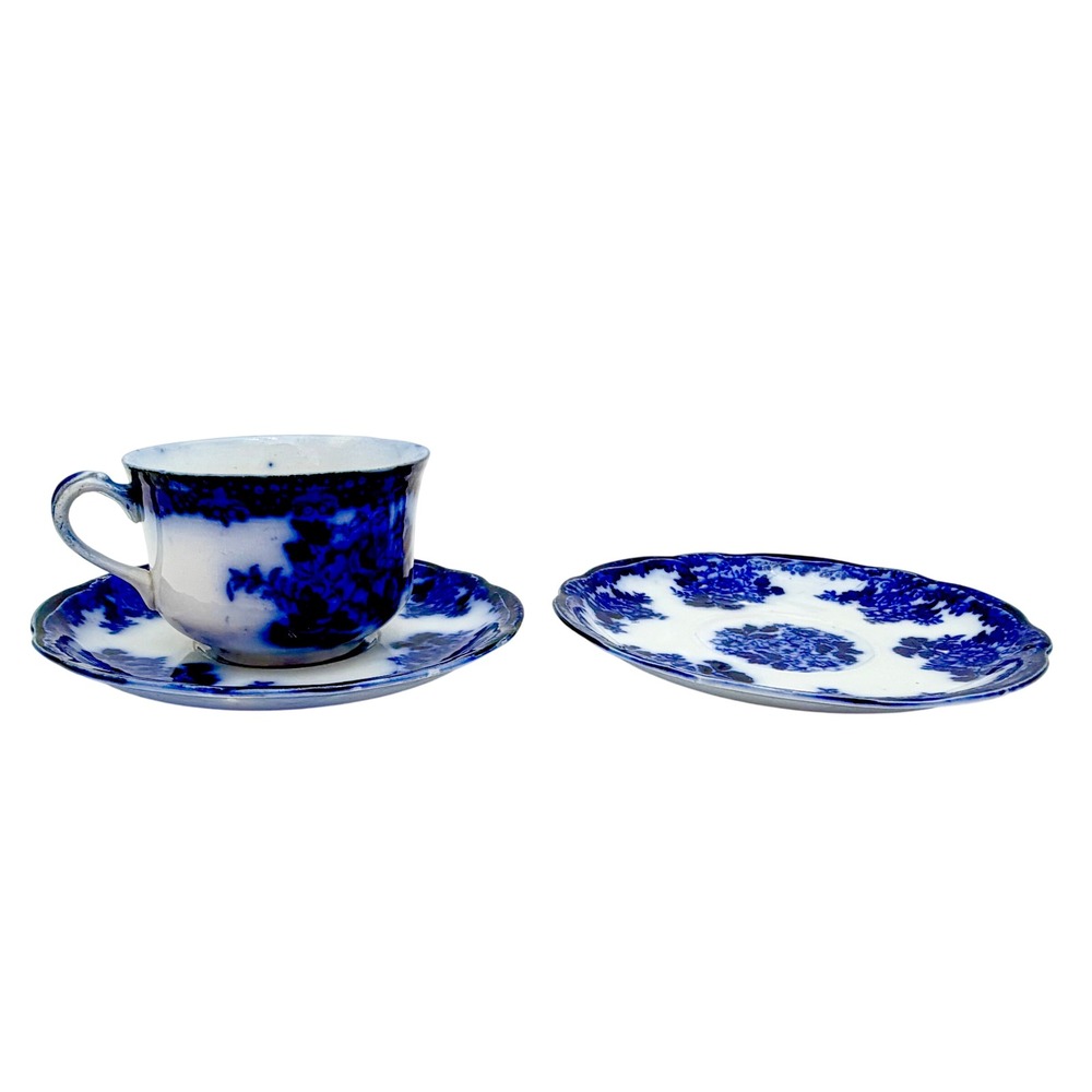 Swan Bank New Wharf Pottery Flow Blue 2.25" Cup and 2 Saucers 6" England Antique